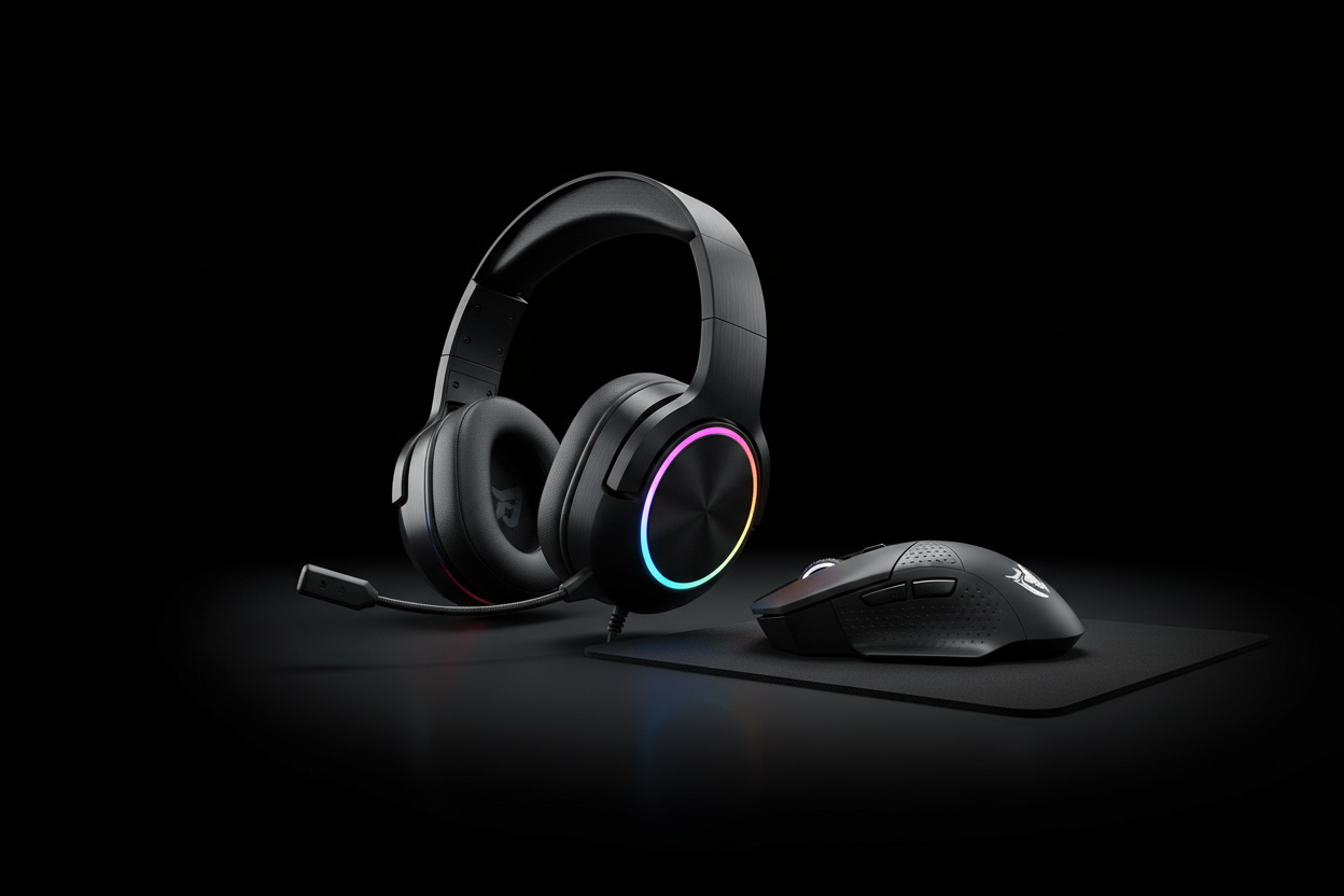 generami un immagine di informatica cuffie mouse da gaiming sfondo nero